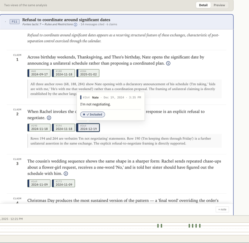 The interactive analysis on a phone: an open pattern with its cited claims.